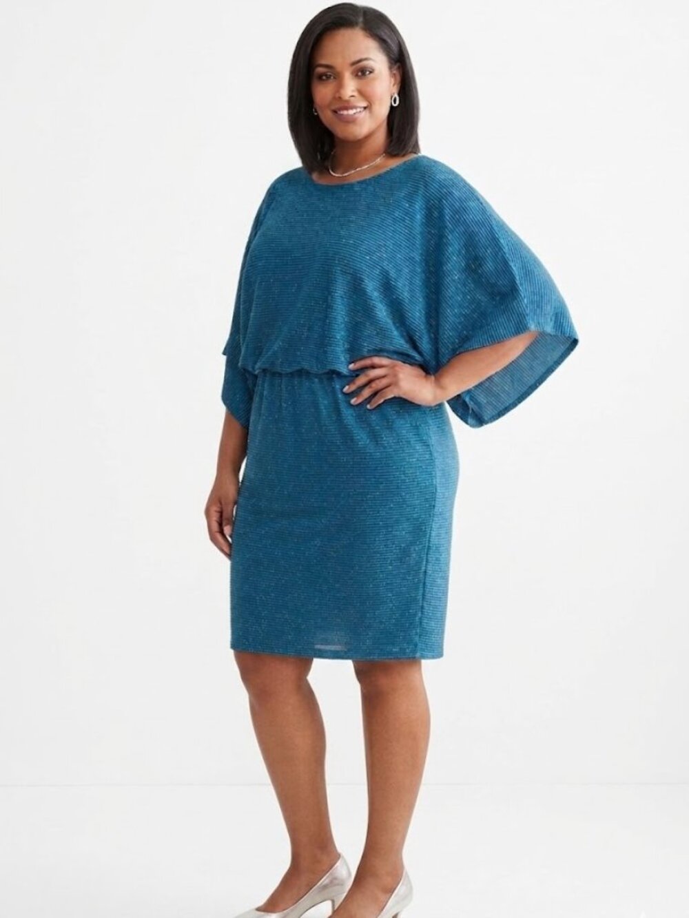 Jessica Howard NEW Deep Teal metallic Stretchy Batwing sleeve Blouson Dress, 14